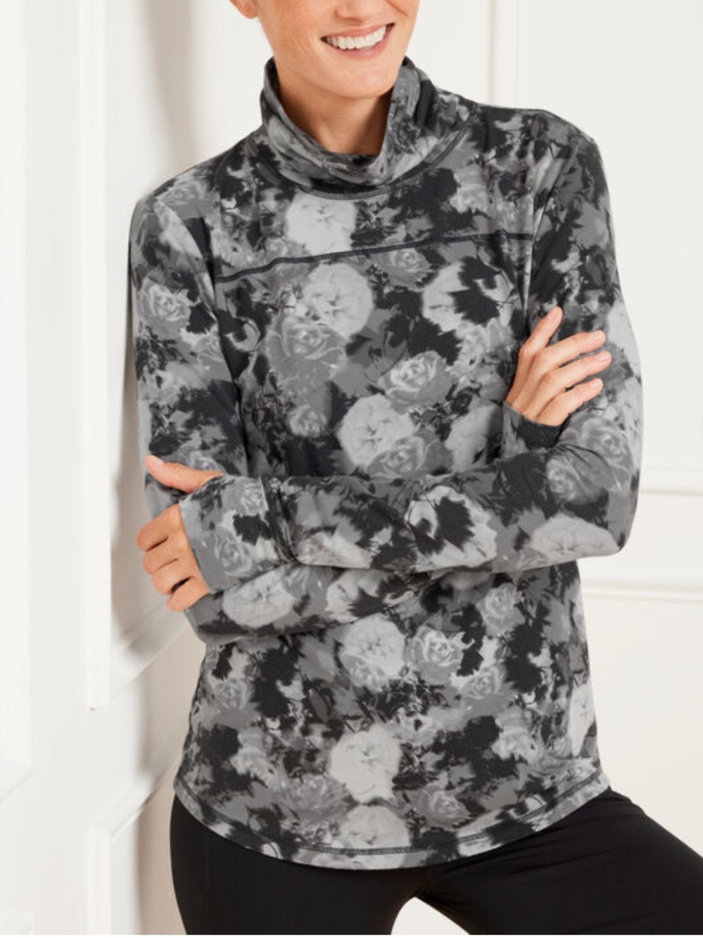 T by Talbots Turtleneck Long-Sleeve Top Sz M floral SUPERSOFT JERSEY like new